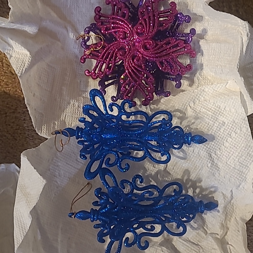 Set of 3 beautiful sparkly glitter blue and pink Christmas ornaments